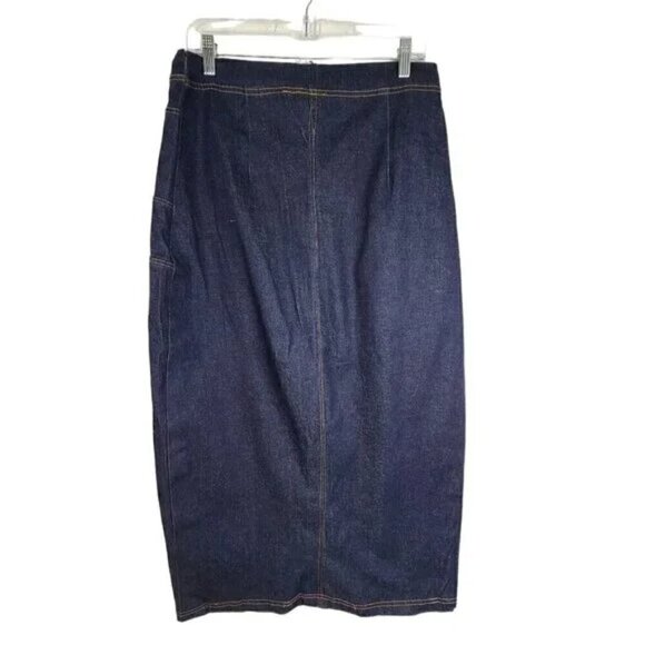 VTG CARAN Denim Jean Maxi Skirt Dark Wash Modest Zip Front Stretch USA Made - Picture 5 of 7